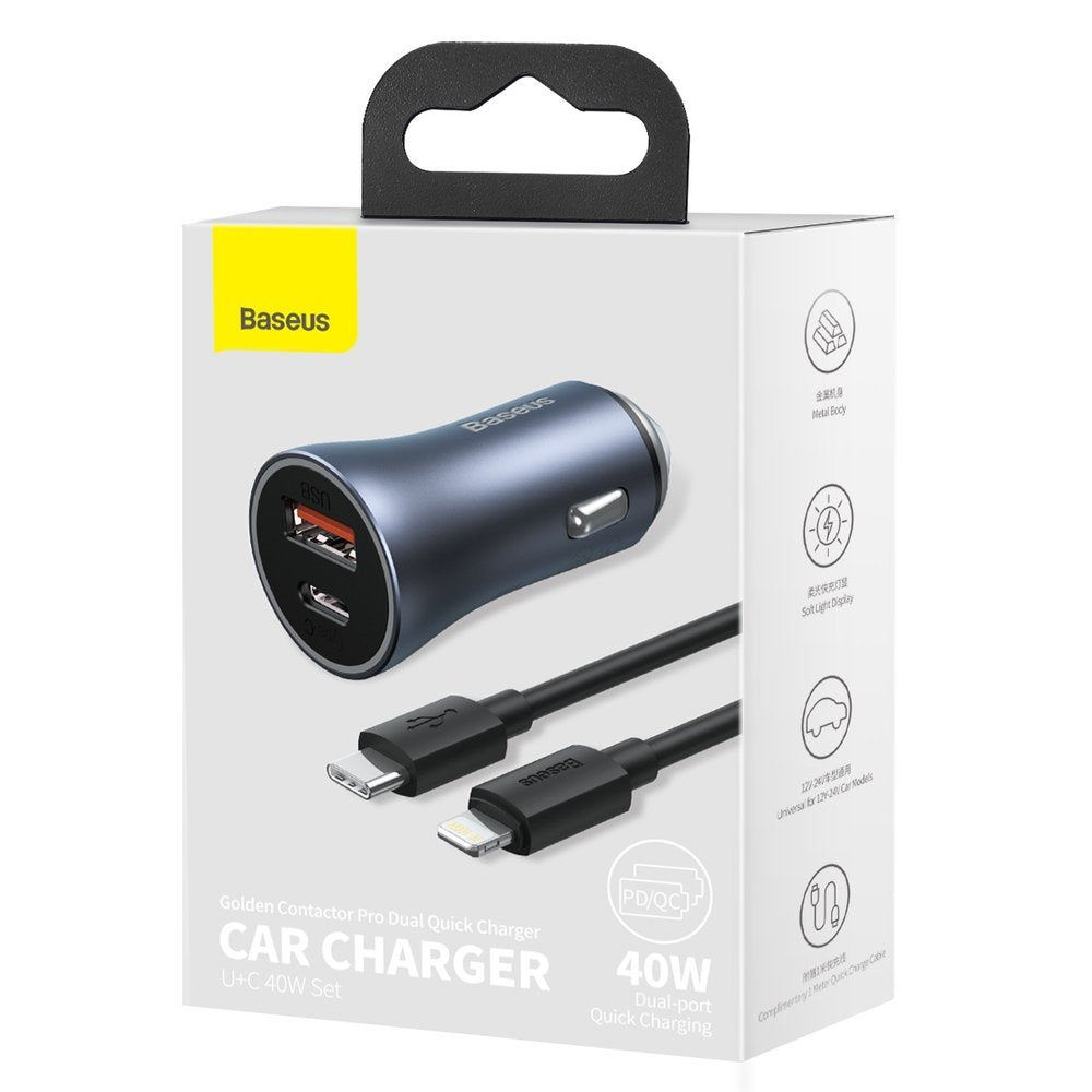 Baseus - Car Charger Golden Pro (TZCCJD-B0G) - USB-A, USB-C, 40W with Cable Type-C to Lightning - Dark Gray