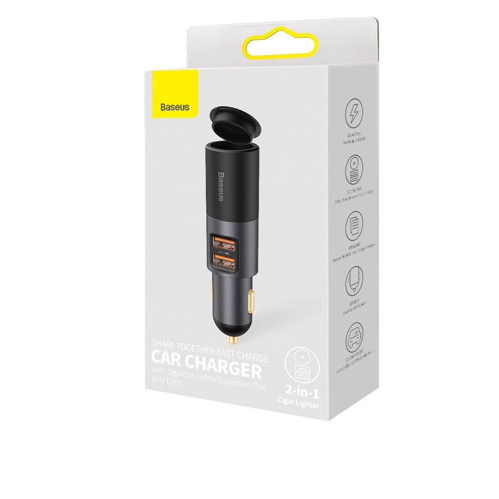 Baseus - Car Charger Share Together (CCBT-D0G/C00034800817-Z1) - Cigarette Lighter Expansion, 2xUSB-A, QC 3.0 120W - Gray