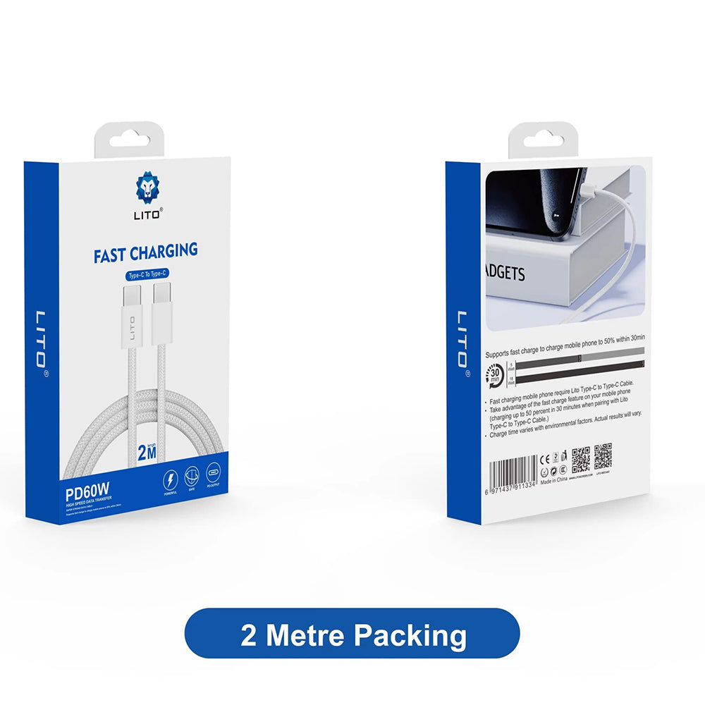 Lito - Data Cable (LD04CC) - Type-C to Type-C, Fast Charging, High Speed Data Transfer, PD60W, 2m - White