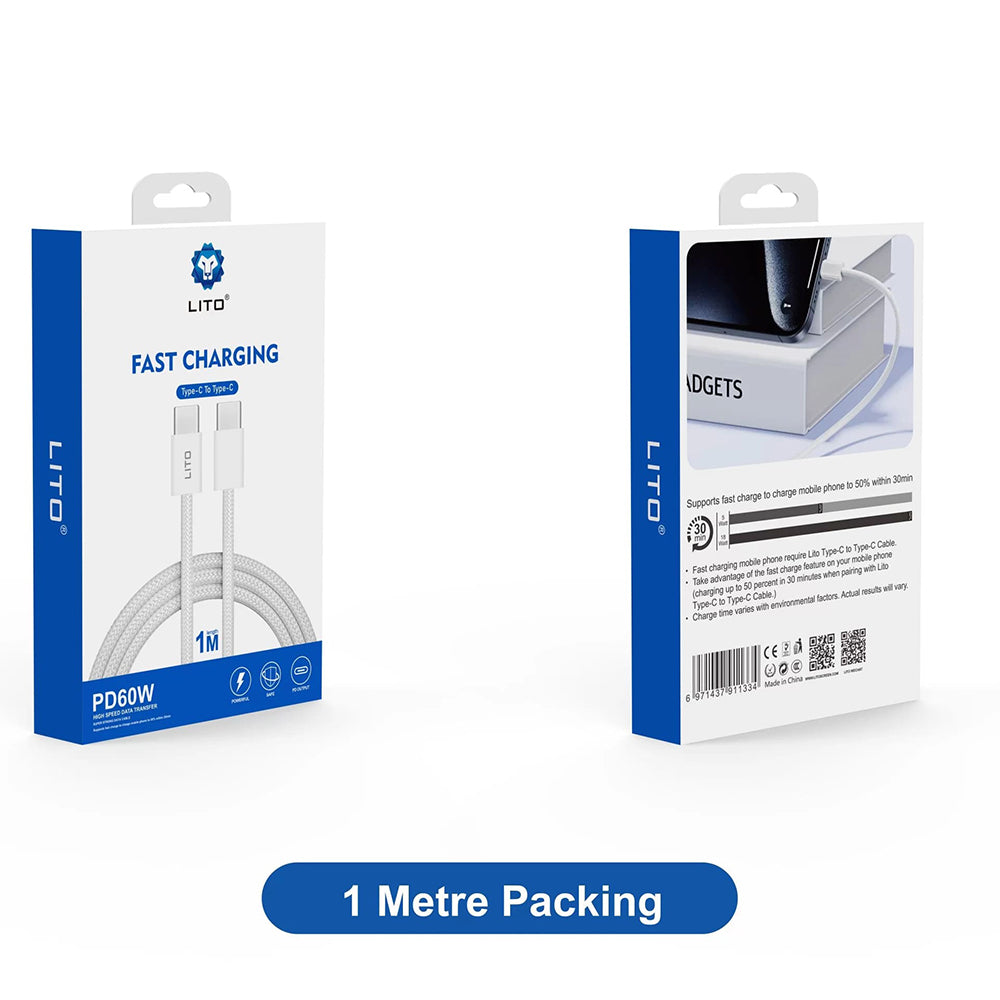 Lito - Data Cable (LD04CC) - Type-C to Type-C, Fast Charging PD60W, 1m - White