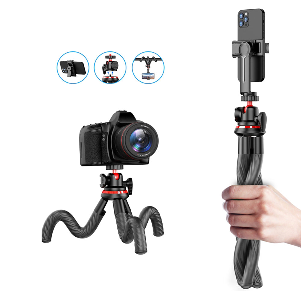 Techsuit - Selfie Stick (C02) - for Phones and Action Cameras, with Flexible Tripod, 43cm - Black