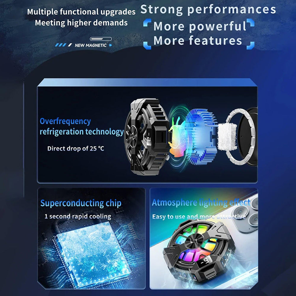 Techsuit - Phone Cooler (P60) - Magnetic, RGB Lights, Temperature Display, Low Noise, Two Speeds, for iOS and Android - Black