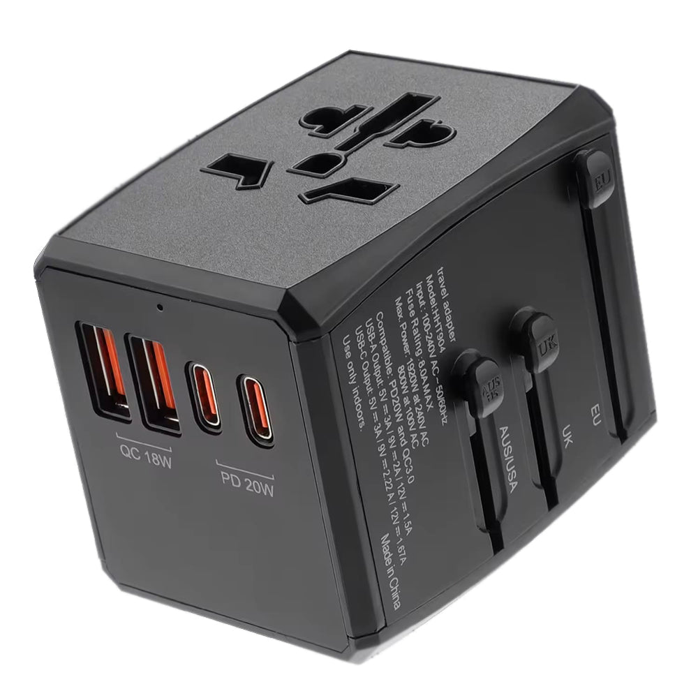 Techsuit - Travel Adapter (HHT904-B2) - PD20W, 2 x USB, 2 xType-C, EU, UK, AUS, US - Black