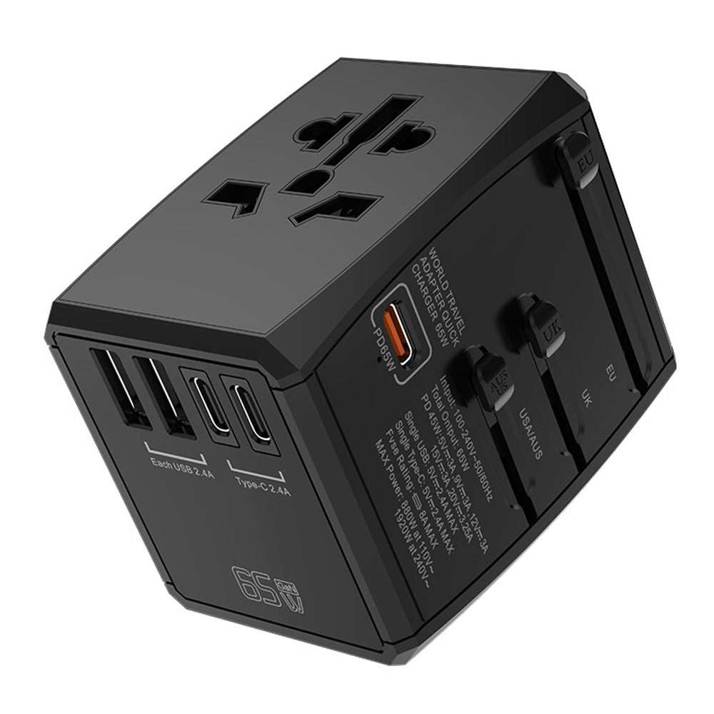 Techsuit - Travel Adapter (HHT906) - PD65W, 2 x USB, 3 x Type-C, EU, UK, AUS, US - Black