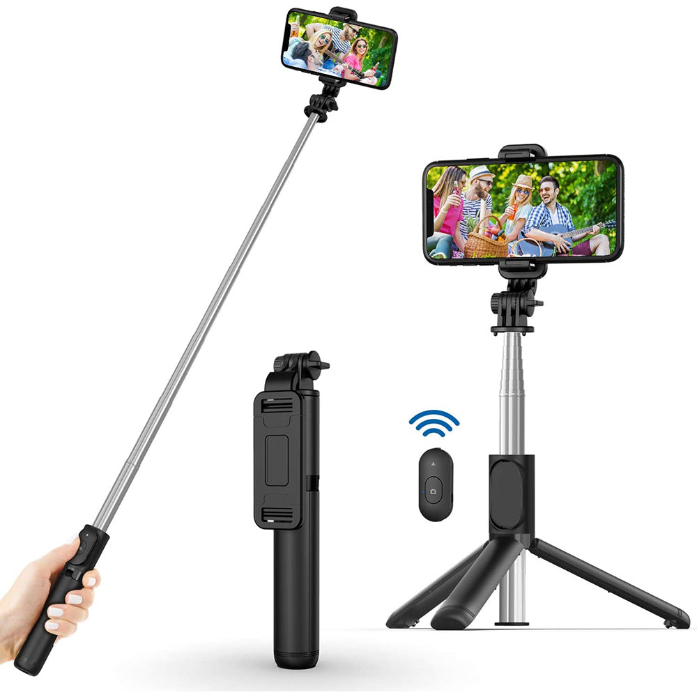 Techsuit - Selfie Stick (Q01) - with Bluetooth Remote Control and Stable Tripod Mount, 101cm - Black