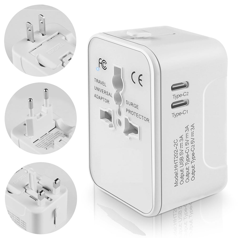 Techsuit - Travel Adapter (HHT202-2C) - 2 x USB-C, EU, UK, AUS, US - White