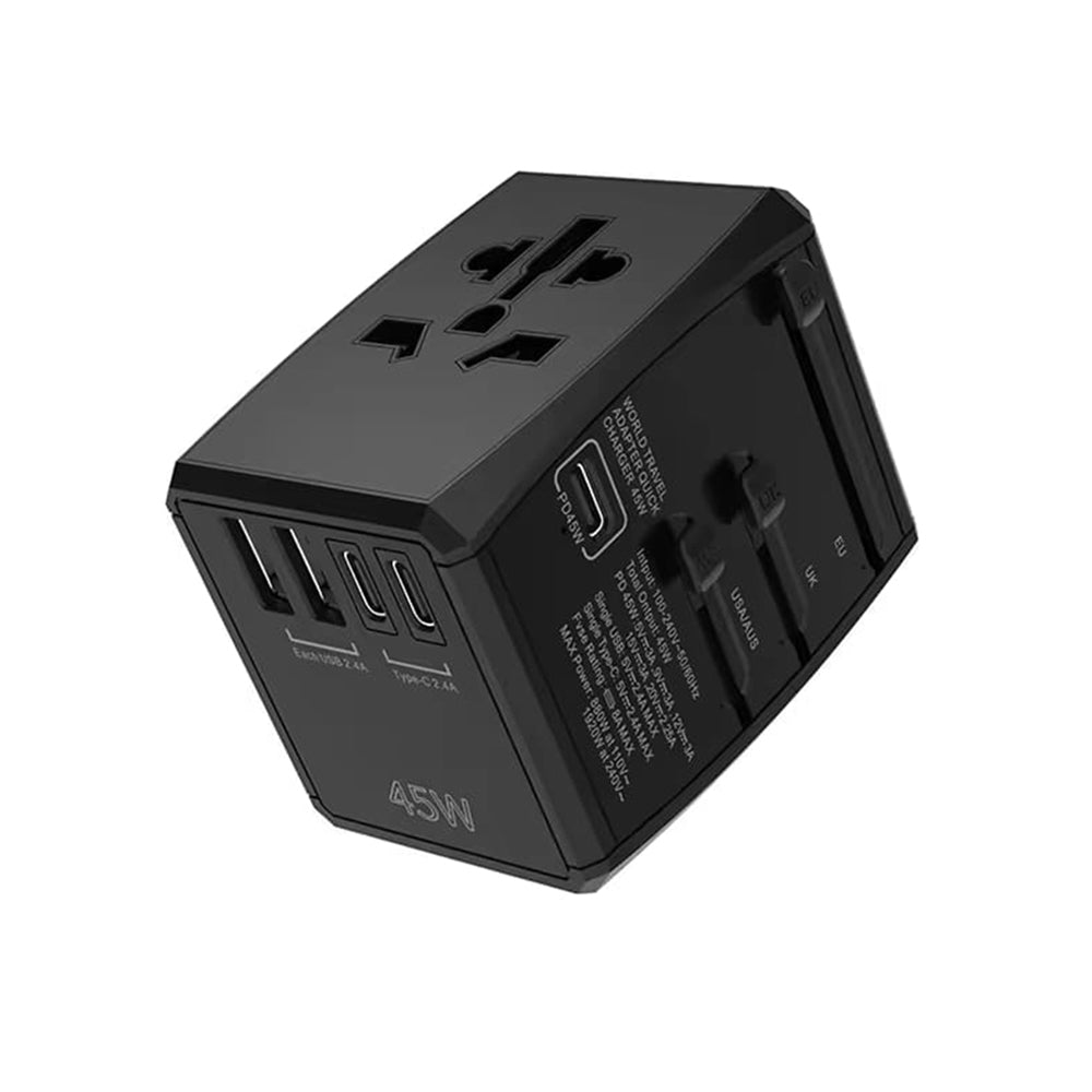 Techsuit - Travel Adapter (HHT905) - PD45W, 2 x USB, 3 x Type-C, EU, UK, AUS, US - Black
