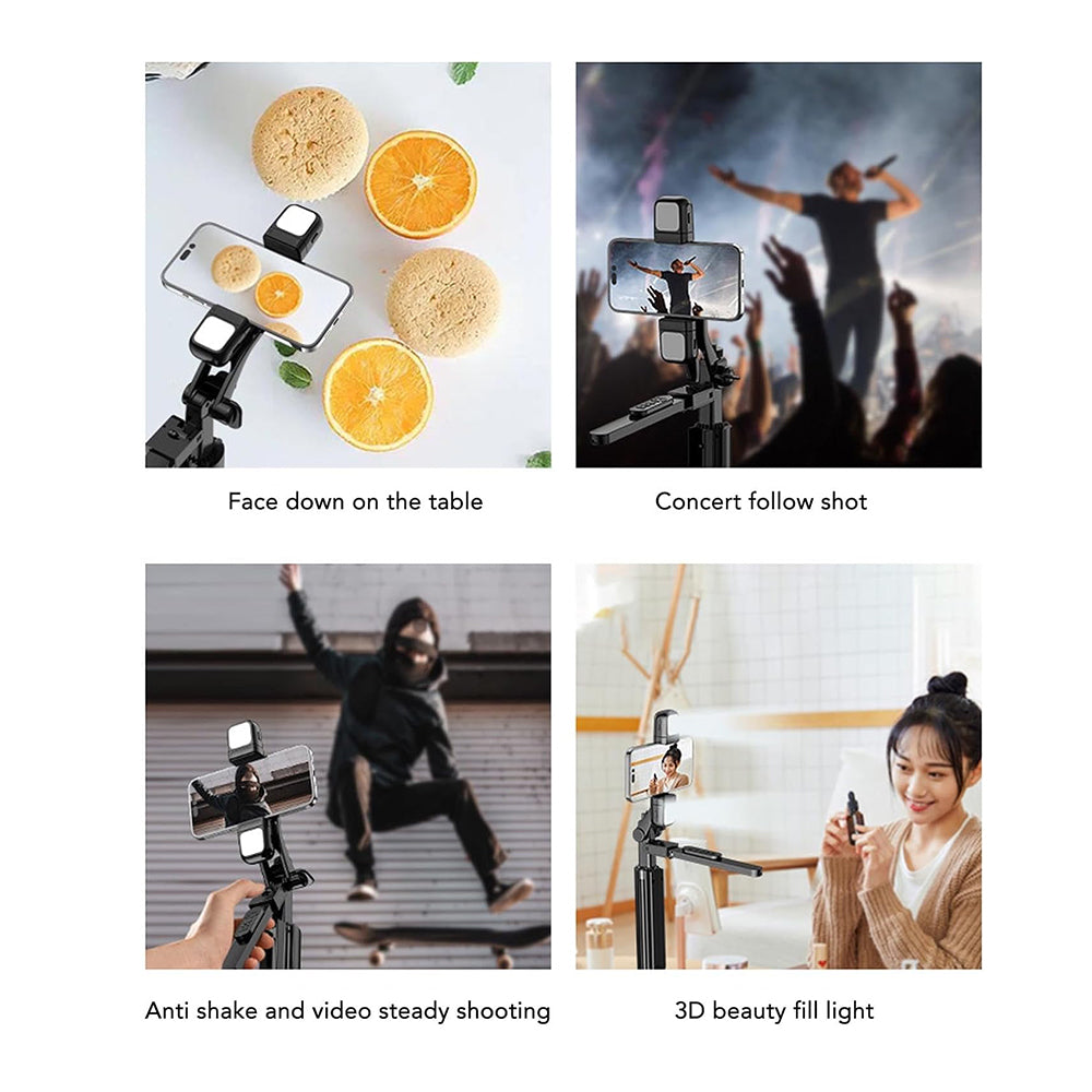 Techsuit - Selfie Stick (K30S) - Compact Tripod Mount, Bluetooth Remote Control, Double LED Light, Foldable, 167cm - Black