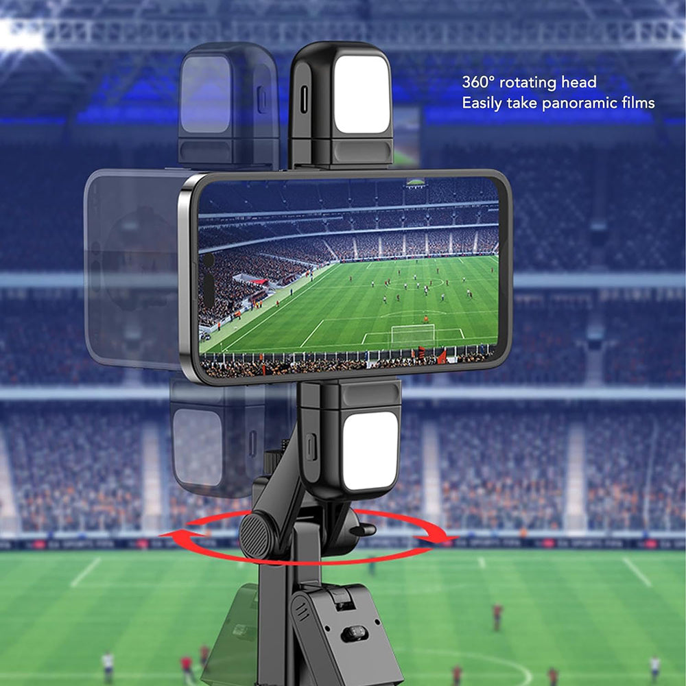 Techsuit - Selfie Stick (K30S) - Compact Tripod Mount, Bluetooth Remote Control, Double LED Light, Foldable, 167cm - Black