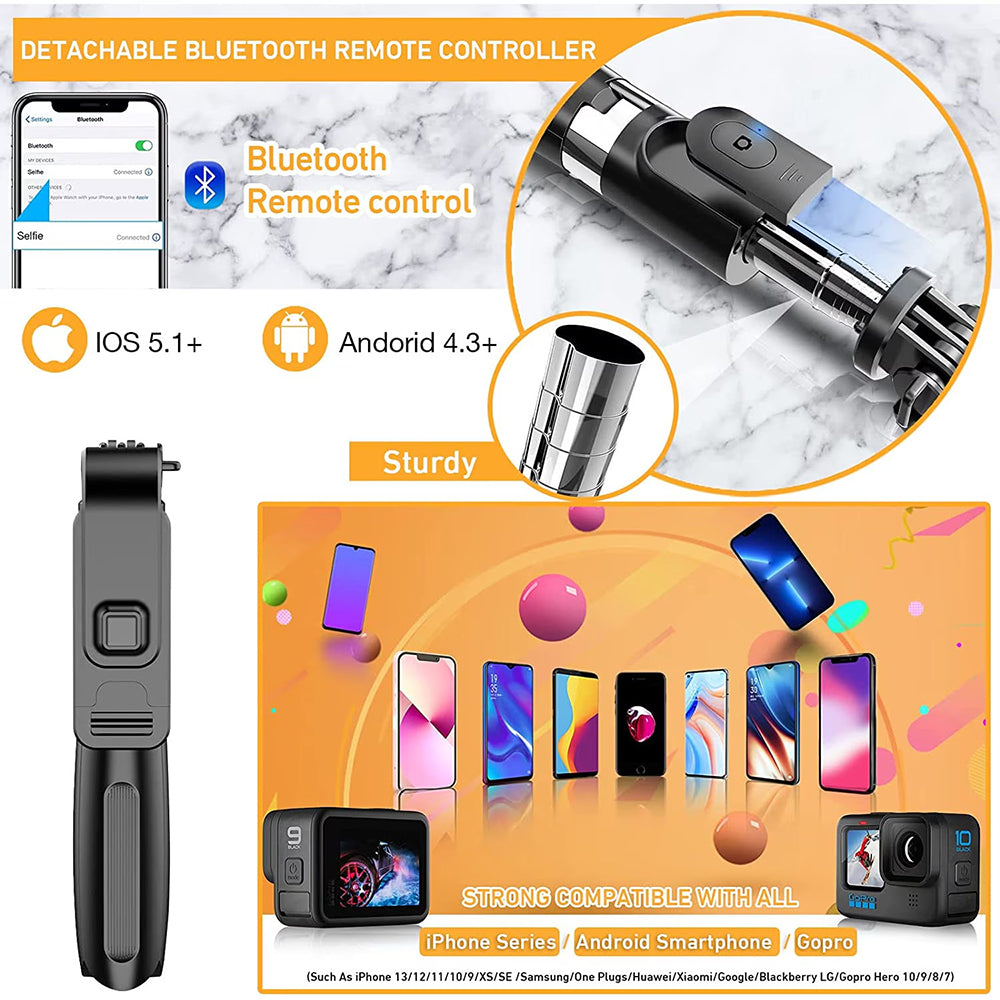 Techsuit - Selfie Stick (L02) - Stable Tripod with Bluetooth Remote Control, GoPro Compatible, 360 Rotation, 100cm - Black