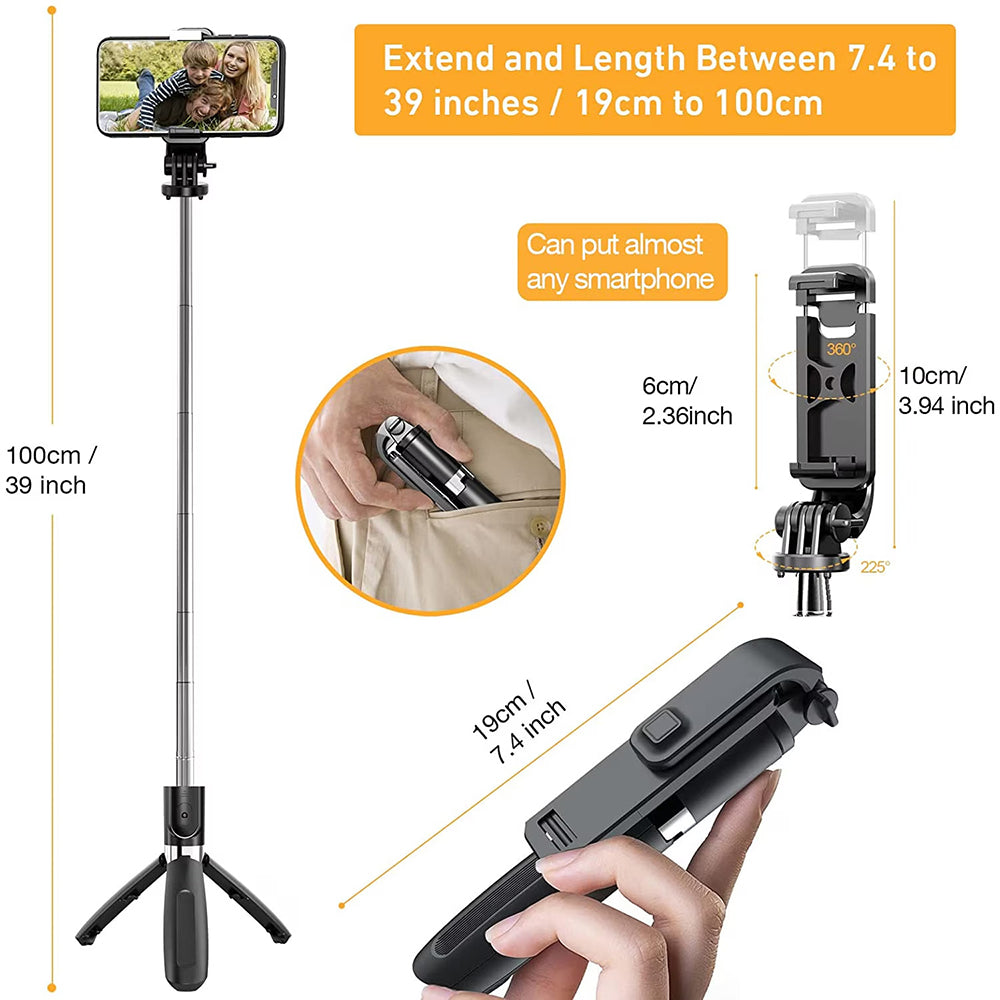 Techsuit - Selfie Stick (L02) - Stable Tripod with Bluetooth Remote Control, GoPro Compatible, 360 Rotation, 100cm - Black