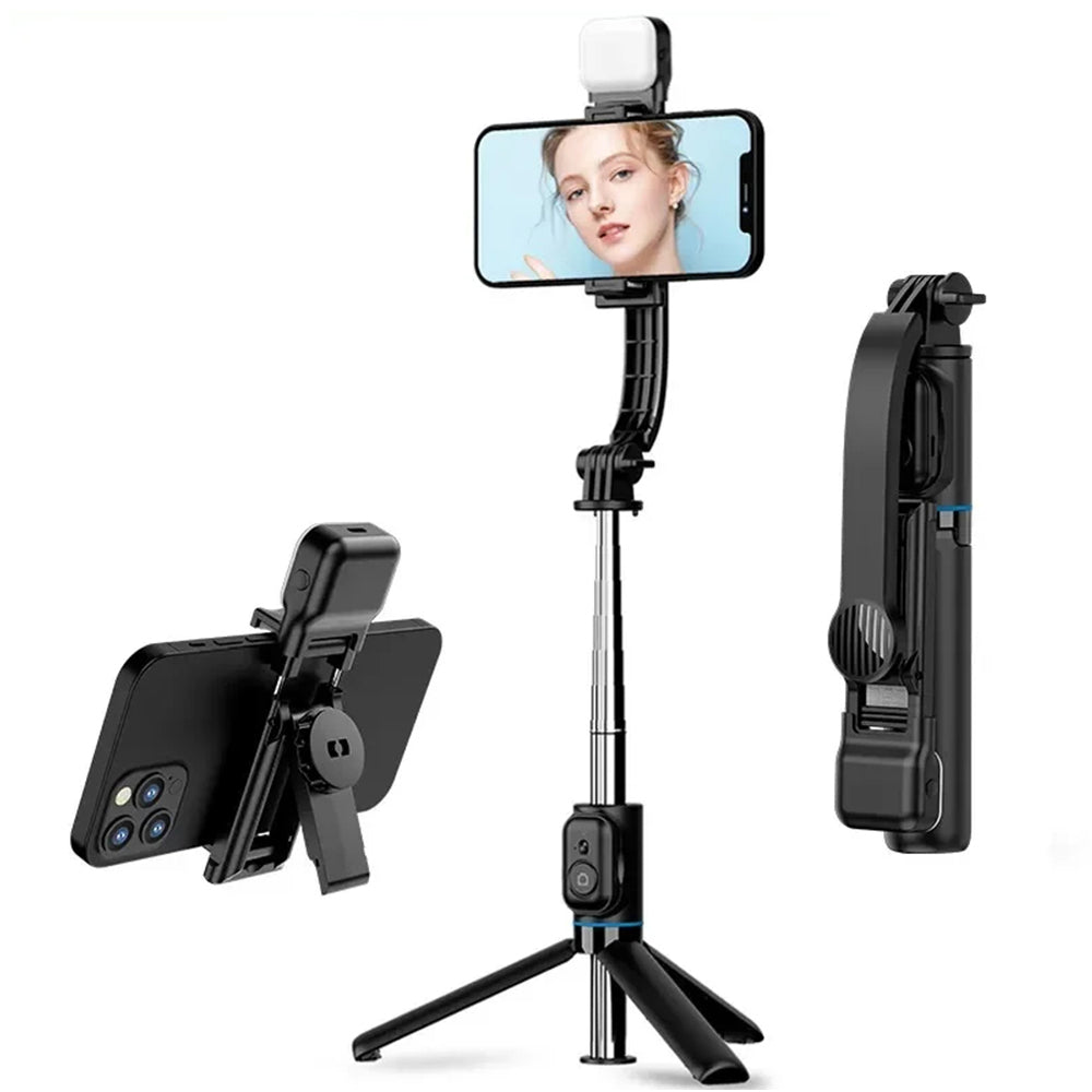 Techsuit - Selfie Stick (C01s) - with Foldable Stable Tripod, Bluetooth Remote Control, Fill Light, 107cm - Black