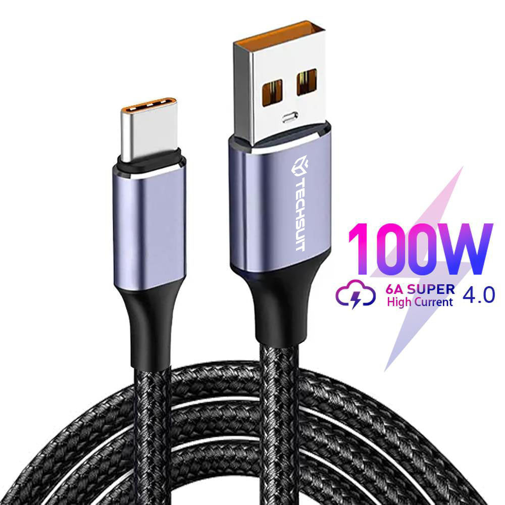 Techsuit - Data Cable (PCB018) - USB-A to Type-C, Super Fast Charging, 100W, 480Mbps, 6A, Nylon, Aluminum Alloy, 1m - Black