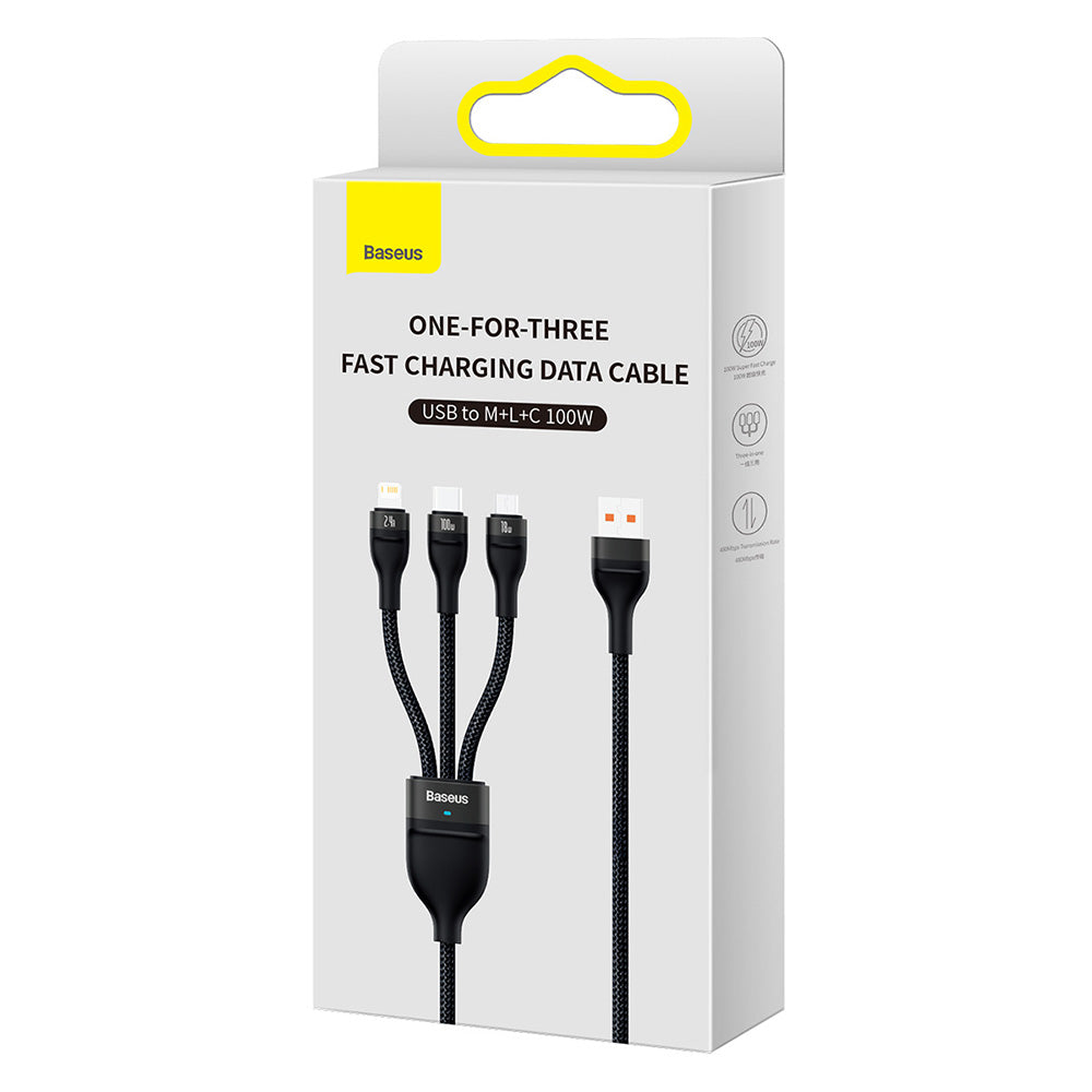 Baseus - Data Cable Flash Series 2 (CASS030001) - Fast Charge, USB to Type-C, Lightning, Micro-USB, 100W, 1.2 m - Black