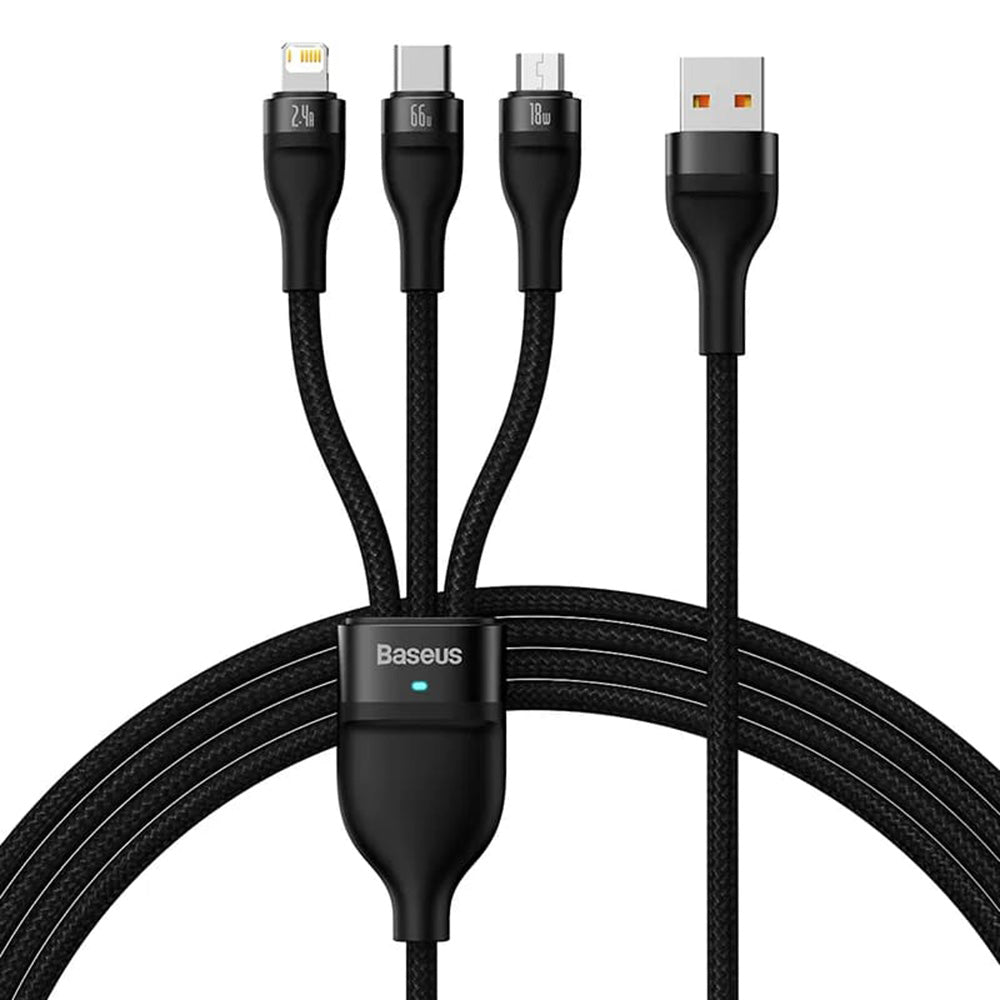 Baseus - Data Cable Flash Series 2 (CASS040001) - Fast Charge, USB to Type-C, Lightning, Micro-USB, 66W, 1.2 m - Black