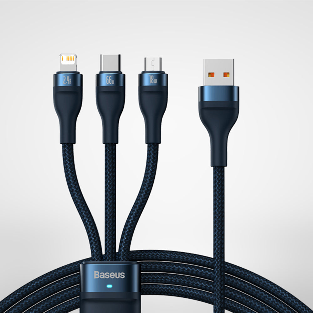 Baseus - Data Cable Flash Series 2 (CASS040003) - Fast Charge, USB to Type-C, Lightning, Micro-USB, 66W, 1.2 m - Blue