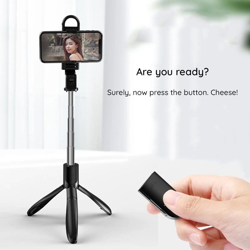 Techsuit - Selfie Stick (S01-S) - Compact Tripod Mount with Bluetooth Remote Control, LED Fill Light, Foldable, 70cm - Black