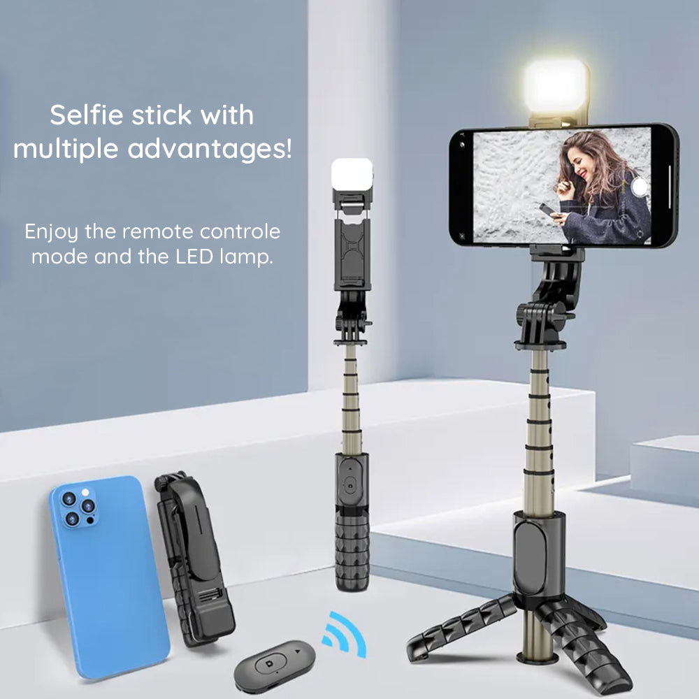 Techsuit - Mini Selfie Stick (Q10s) - Stable Tripod with Bluetooth Remote Control, Fill Light, 360 Rotation, 70cm - Black