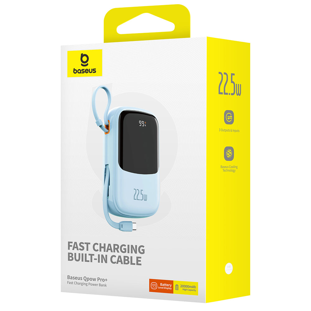 Baseus - Power Bank Qpow Pro+ (P10067103313-00) - Lightning, 2x Type-C, USB, 22.5W, 20000mAh, Cable Type-C - Blue