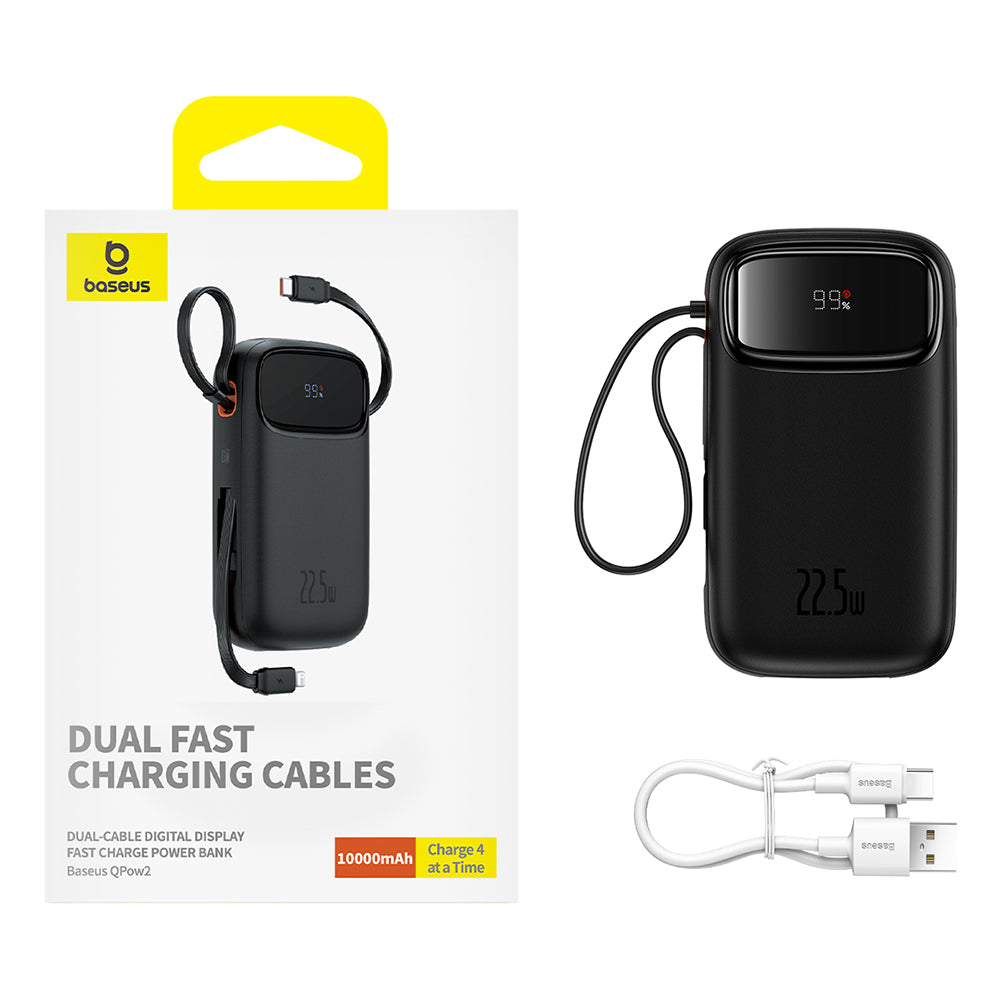 Baseus - Power Bank Qpow Pro+ (P10055003113-00) - Lightning, 2x Type-C, USB, 22.5W, 10000mAh, Cable Type-C, 30cm - Black