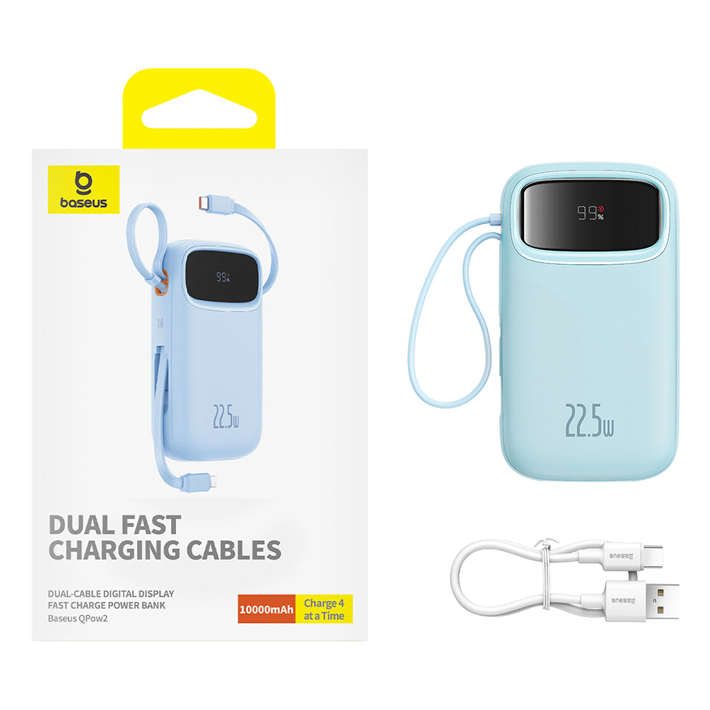 Baseus - Power Bank Qpow Pro+ (P10055003313-00) - Lightning, 2x Type-C, USB, 22.5W, 10000mAh, Cable Type-C, 30cm - Blue