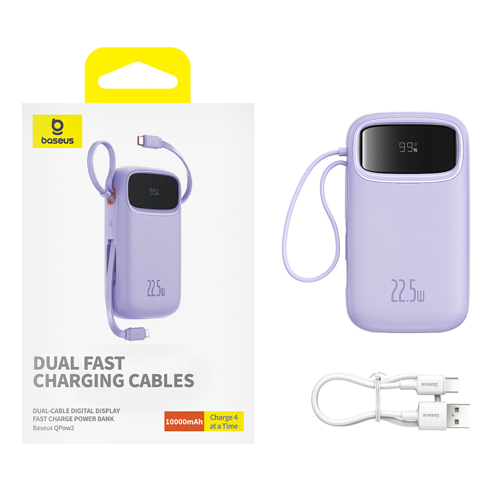 Baseus - Power Bank Qpow Pro+ (P10055003513-00) - Lightning, 2x Type-C, USB, 22.5W, 10000mAh, Cable Type-C, 30cm - Purple