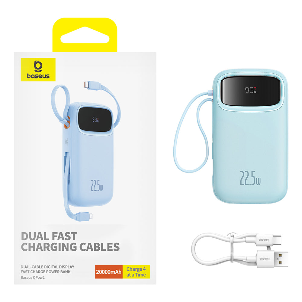 Baseus - Power Bank Qpow Pro+ (P10055002313-00) - Lightning, 2x Type-C, USB, 22.5W, 20000mAh, Cable Type-C, 30cm - Blue