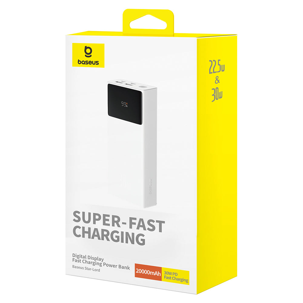Baseus - Power Bank Star-Lord (P10022904213-00) - 2x USB, Type-C, Micro-USB, 30W, 20000mAh, Cable Type-C, 3A, 30cm - White