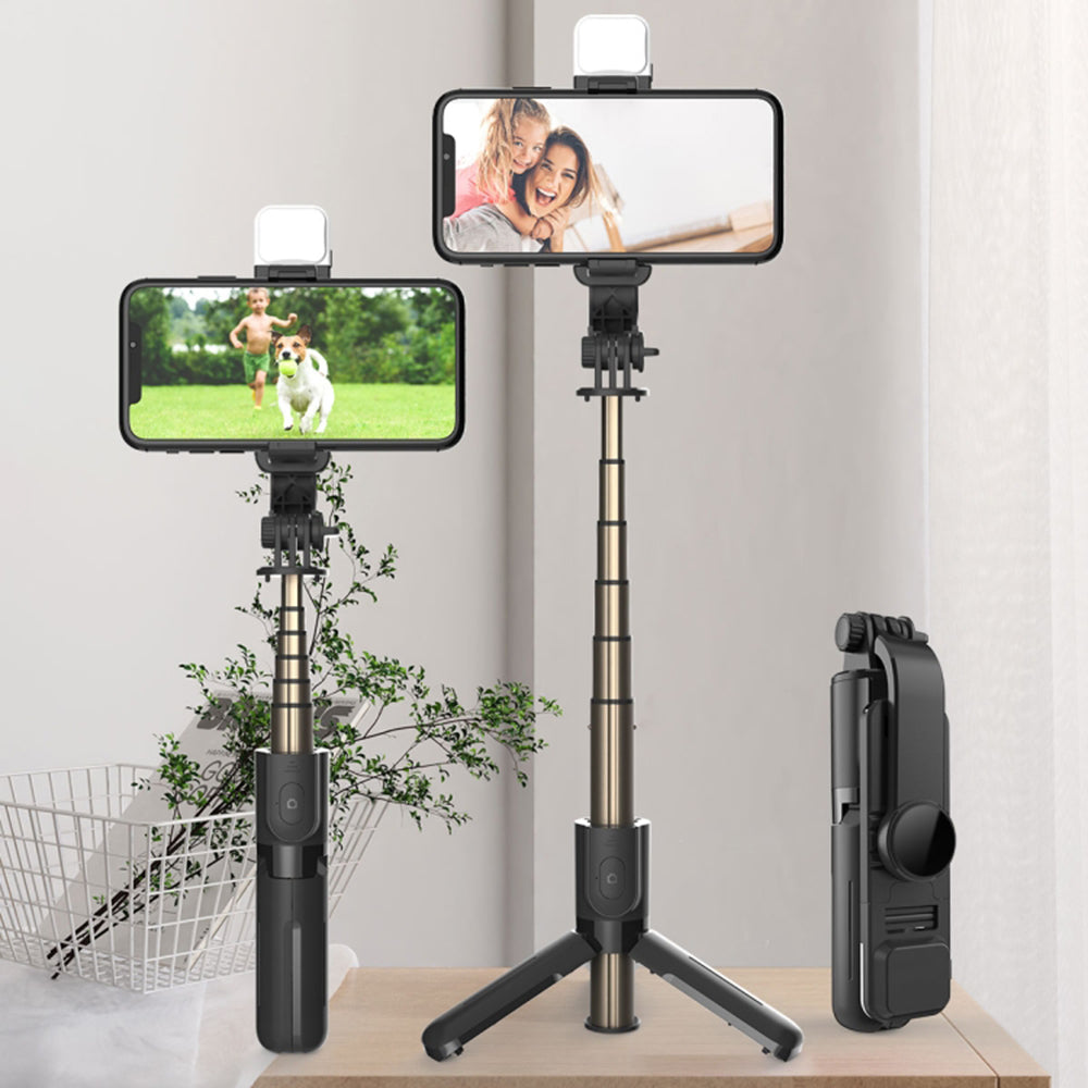 Techsuit - Mini Selfie Stick (L11s) - Stable Tripod with Bluetooth Remote Control and LED Light, 75cm - Black