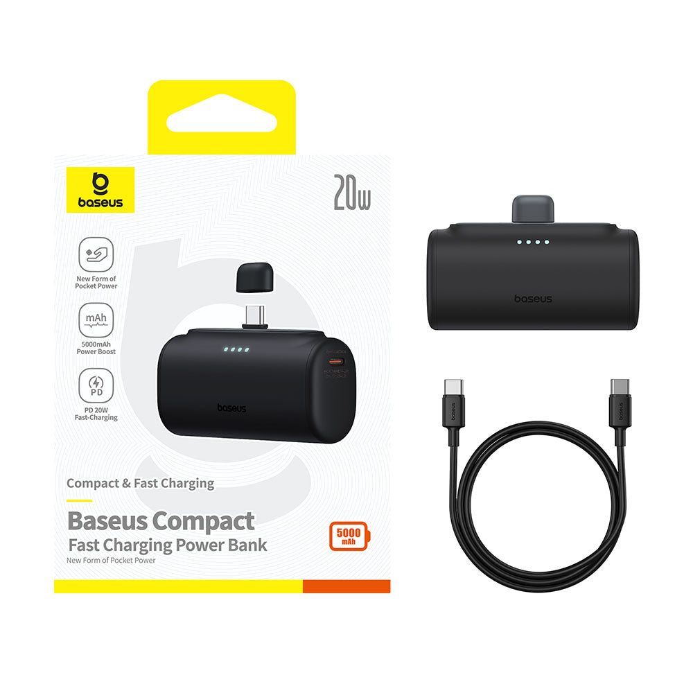 Baseus - Power Bank (P10068306113-00) - Type-C, Compact Design, 20W, 5000mAh, with Cable Type-C - Black