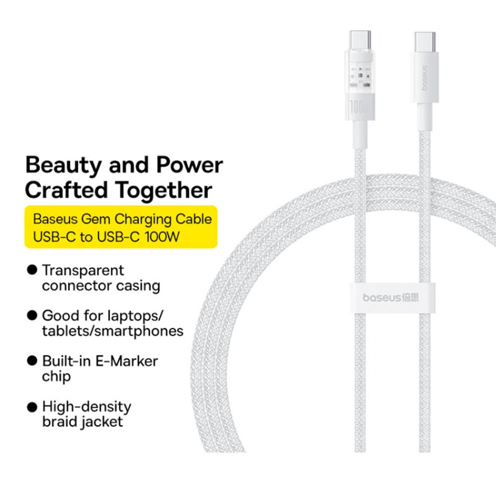 Baseus - Data Cable Gem (P10373000211-00) - Type-C to Type-C, Super Fast Charging 100W, 1m - Moon White