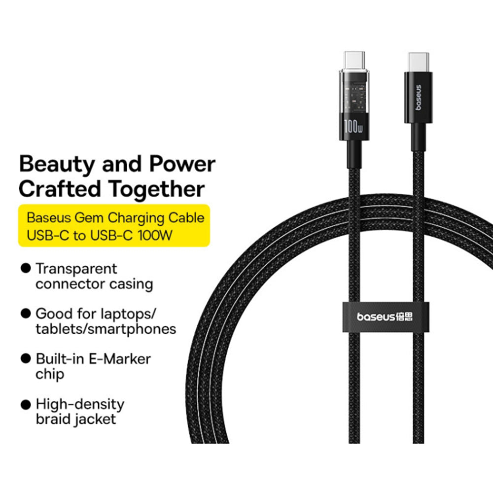 Baseus - Data Cable Gem (P10373000111-00) - Type-C to Type-C, Super Fast Charging 100W, 1m - Cluster Black