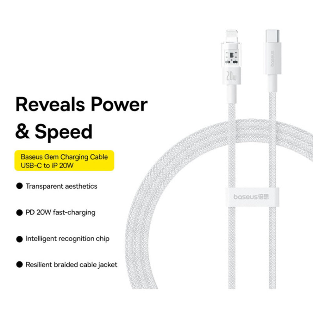 Baseus - Data Cable Gem (P10373001211-00) - USB-C to Lightning, Fast Charging 20W, 1m - Moon White