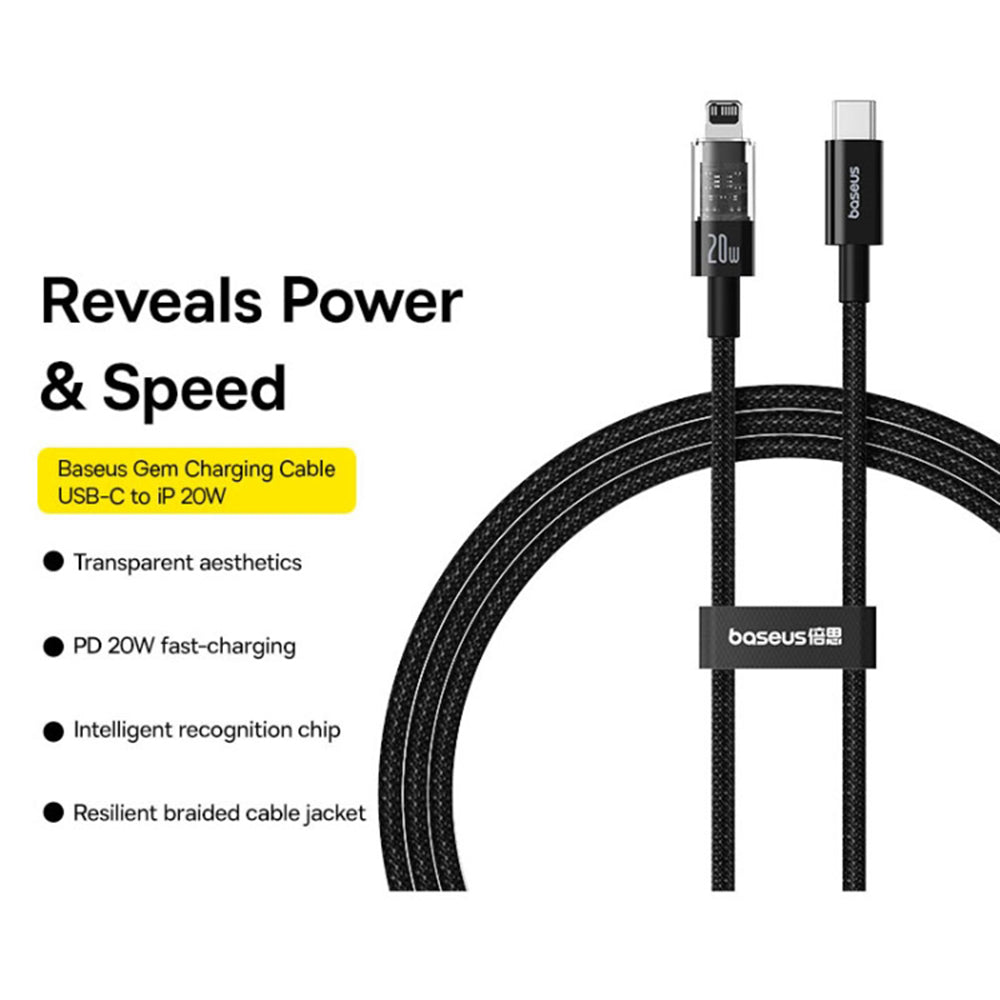 Baseus - Data Cable Gem (P10373001111-00) - USB-C to Lightning, Fast Charging 20W, 1m - Cluster Black