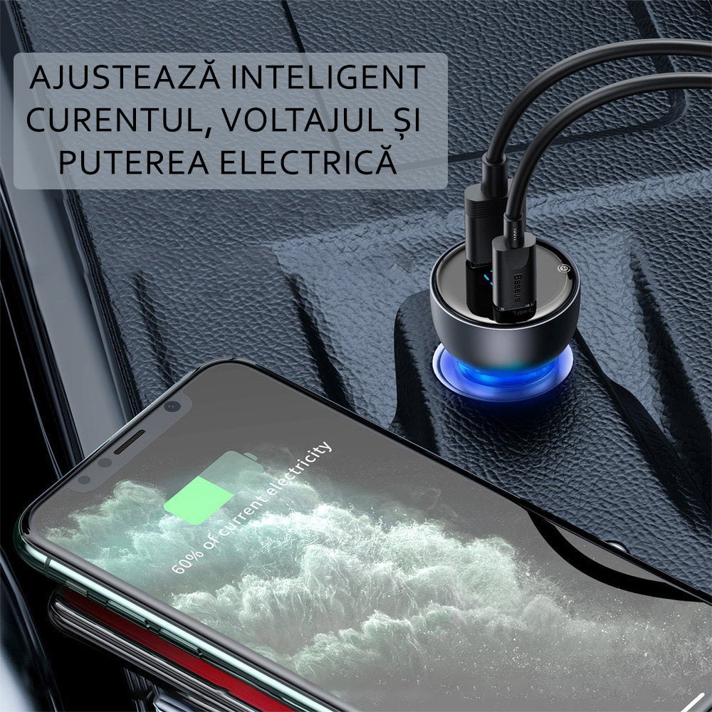 Baseus - Car Charger (CCKX-C0A) - with Digital Display, Type-C PD65W, USB QC4.0, DC 12-24V - Clear