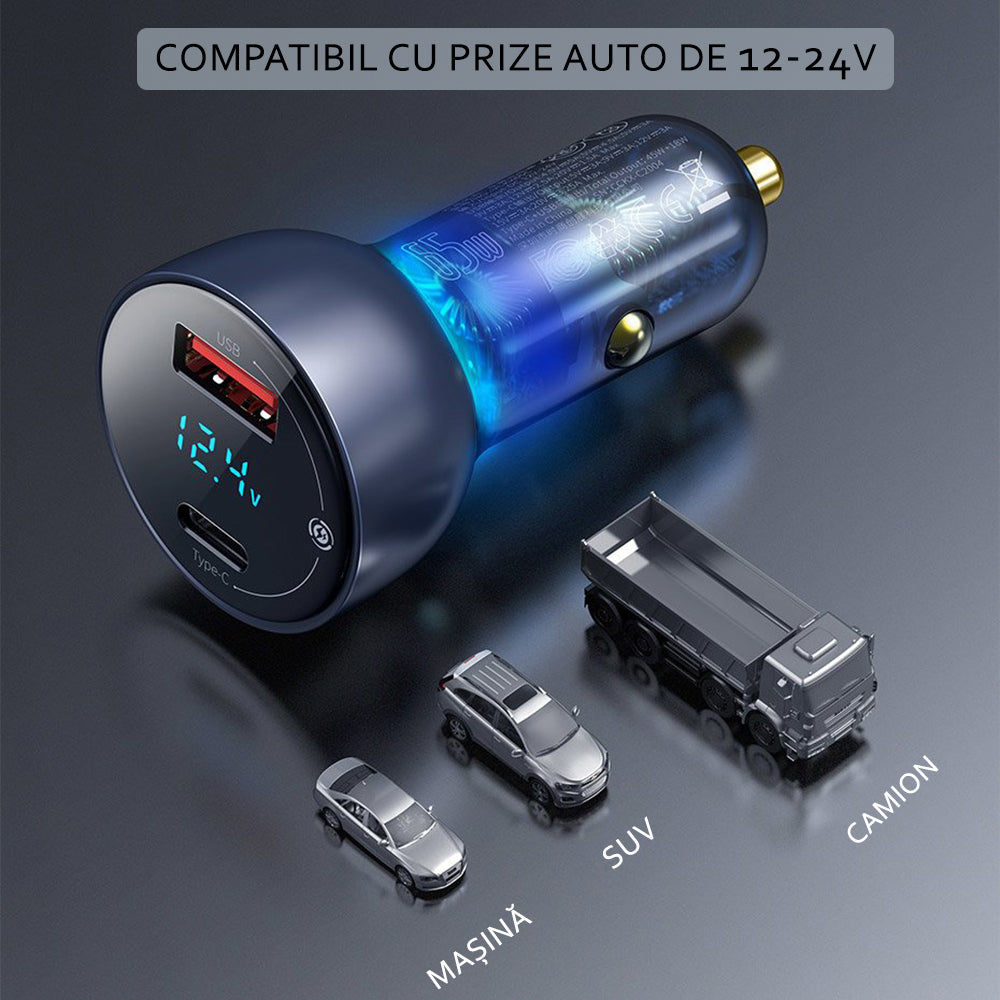 Baseus - Car Charger (CCKX-C0A) - with Digital Display, Type-C PD65W, USB QC4.0, DC 12-24V - Clear