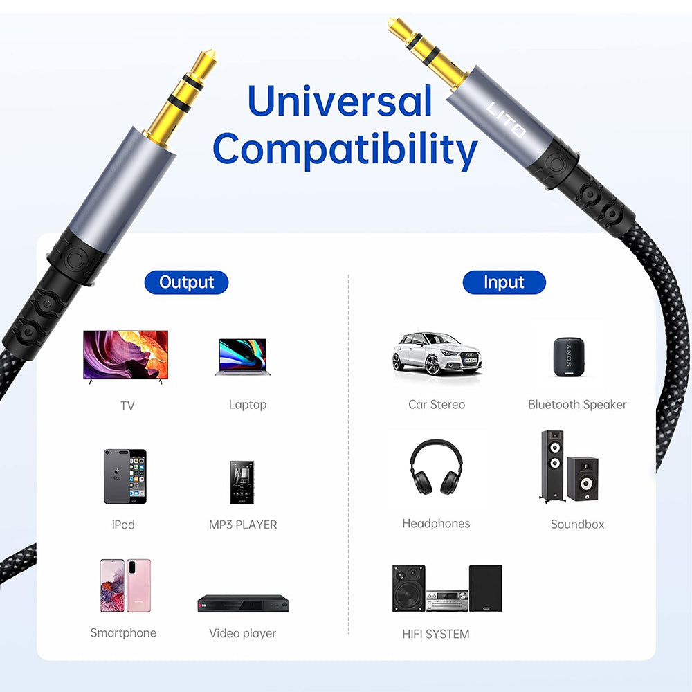 Lito - Audio Cable Adapter (LA01D) - Jack to Jack 3.5mm, Hi-Fi, 24k Gold-plated Contacts, Nylon-braided, 1m - Black