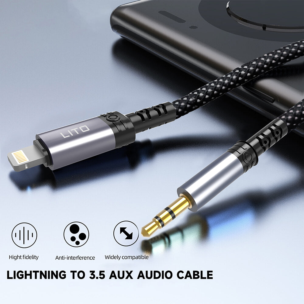 Lito - Audio Cable Adapter (LA01L) - Lightning to Jack 3.5mm, Hi-Fi, 24k Gold-plated Contacts, Nylon-braided, 1m - Black