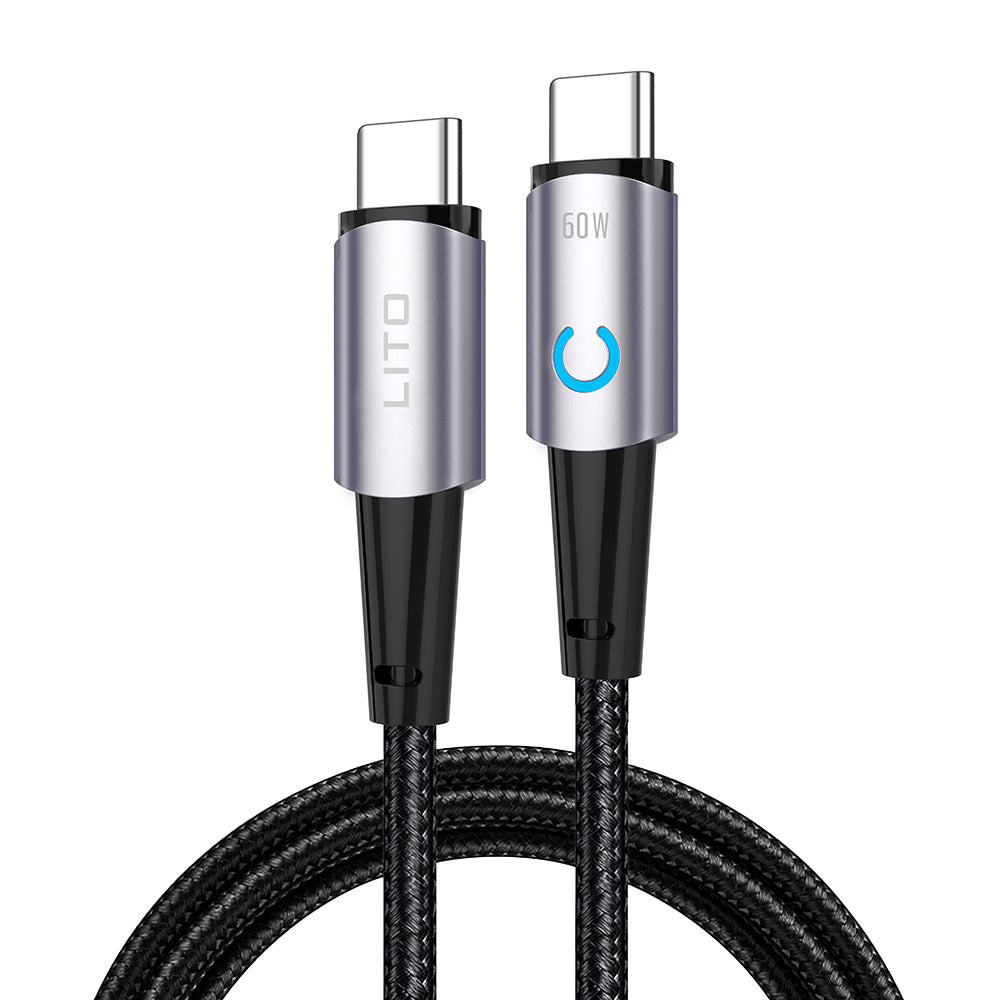 Lito - Data Cable (LD10CC) - Type-C to Type-C, Fast Charging, 60W, with LED Light, 1m - Black