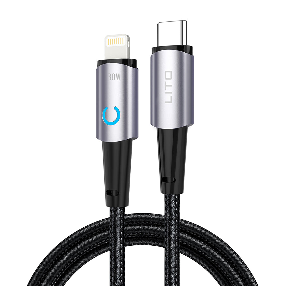 Lito - Data Cable (LD10CL) - Type-C to Lightning, Fast Charging, 30W, with LED Light, 1m - Black