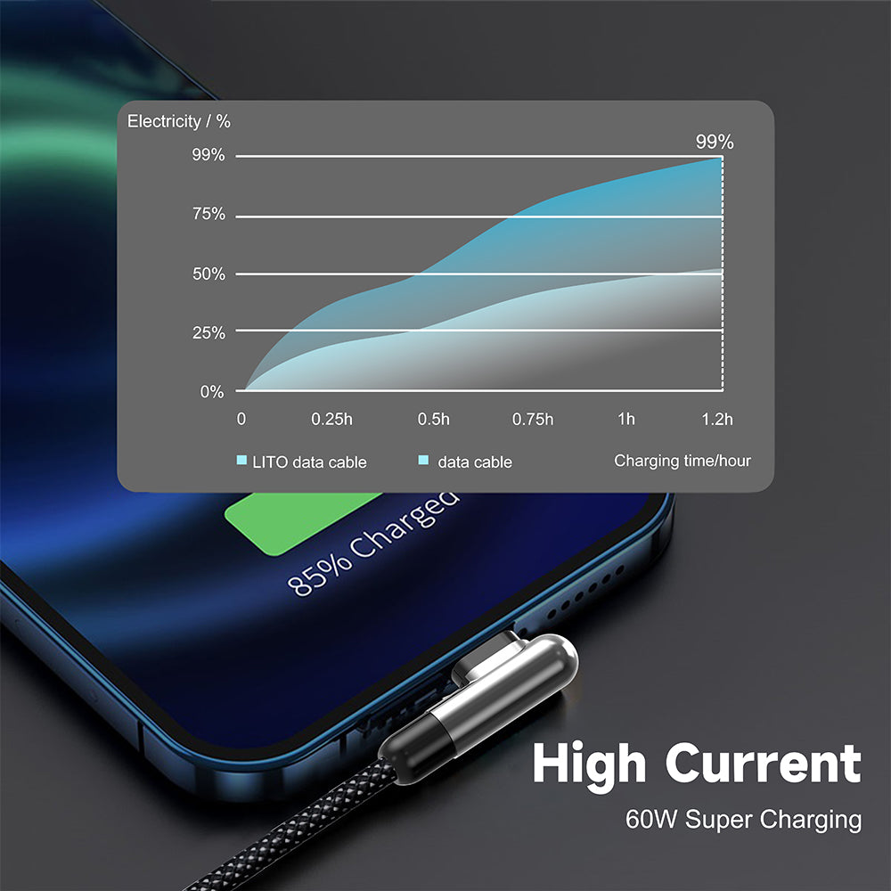 Lito - Data Cable (LD13L) - USB to Lightning Fast Charging 2.4A, Nylon Braided, Right Angle Design, 1m - Black