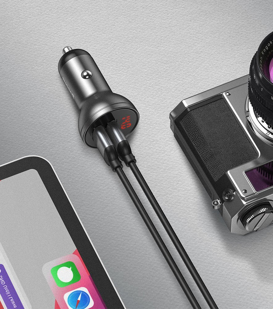 Baseus - Car Charger (CCBX-0G) - Digital Display, 2x USB-A, 24W - Gray