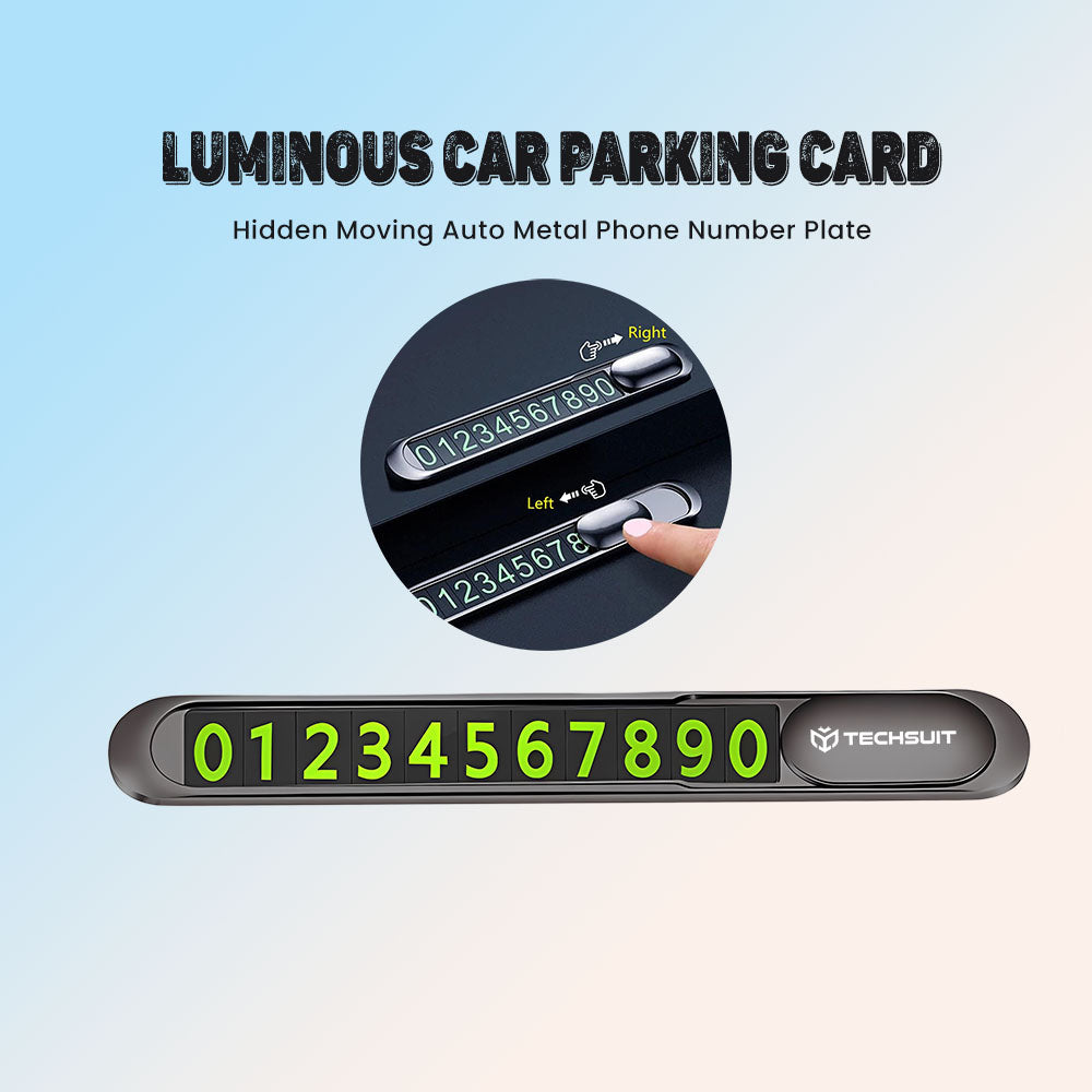 Techsuit - Premium Phone Number Plate (PNP1) - Temporary Parking Sign for Dashboard, Zinc Alloy, Removable Adhesive - Black
