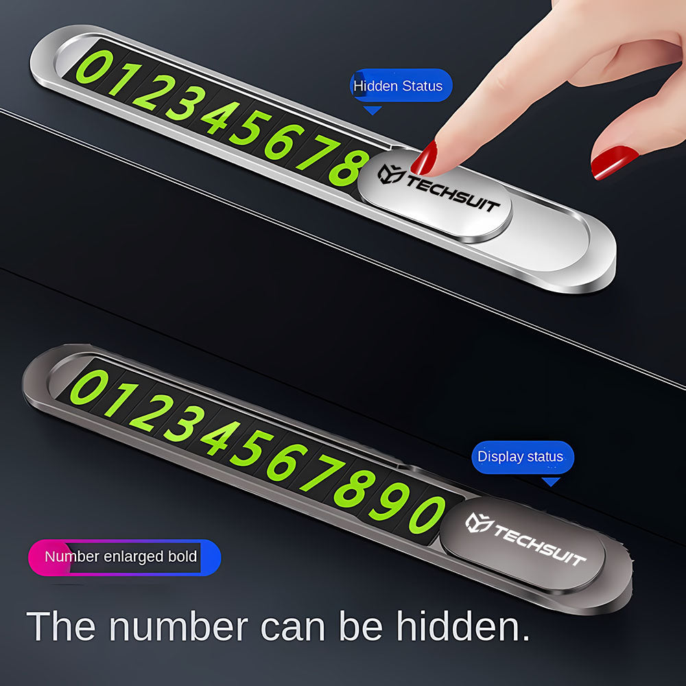 Techsuit - Premium Phone Number Plate (PNP1) - Temporary Parking Sign for Dashboard, Zinc Alloy, Removable Adhesive - Black