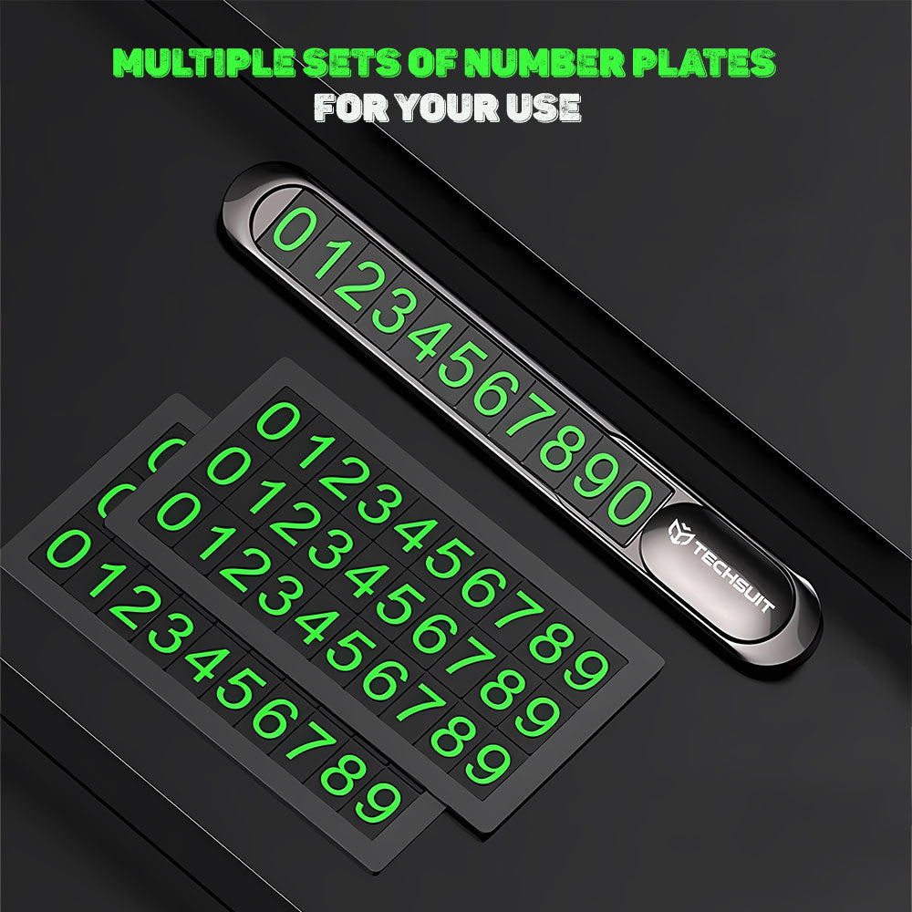 Techsuit - Premium Phone Number Plate (PNP1) - Temporary Parking Sign for Dashboard, Zinc Alloy, Removable Adhesive - Black