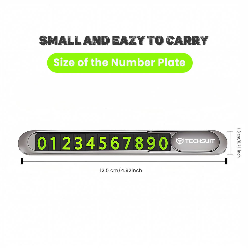 Techsuit - Premium Phone Number Plate (PNP1) - Temporary Parking Sign for Dashboard, Zinc Alloy, Removable Adhesive - Black