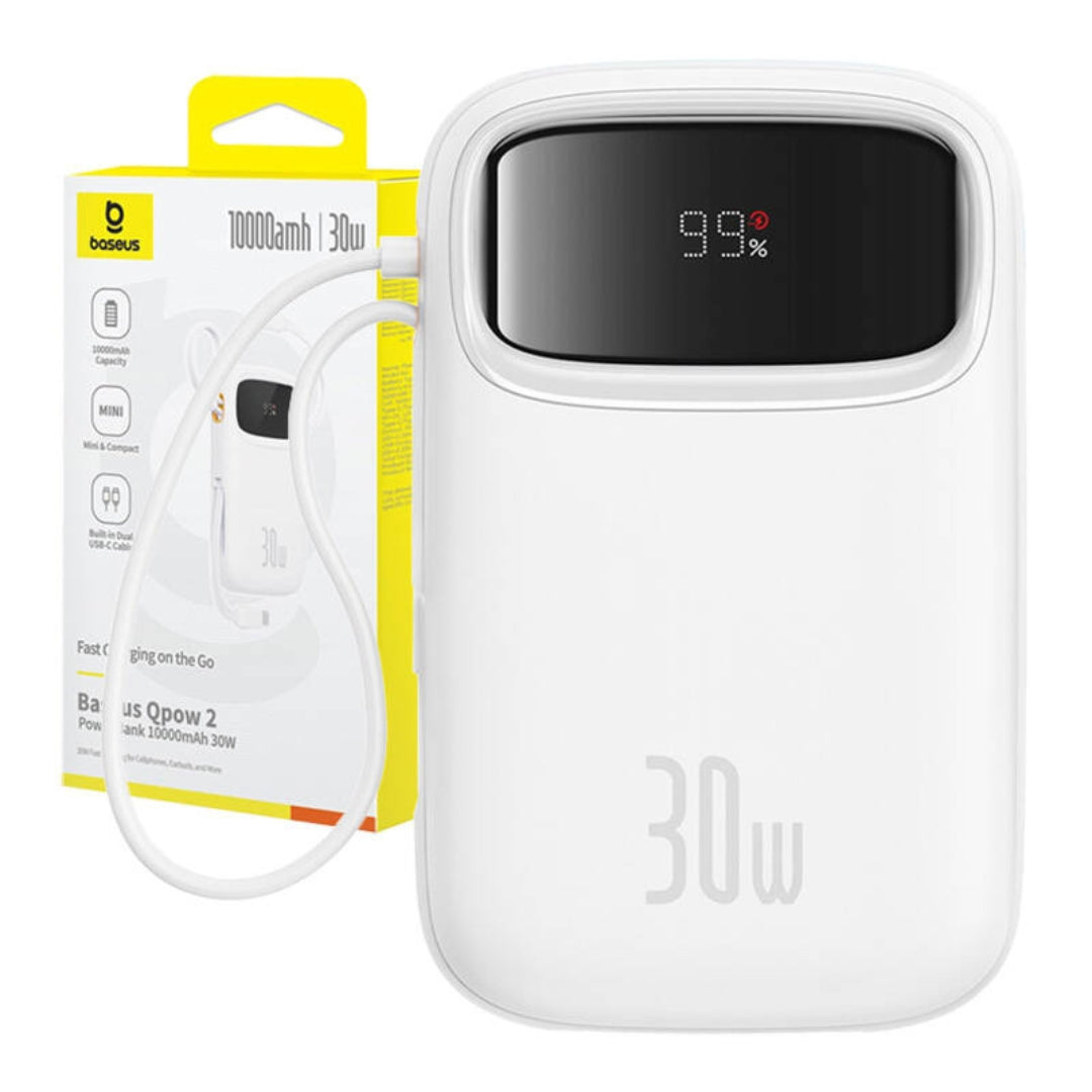 Baseus Qpow 2 Powerbank 10.000mah 30w Με Ενσωματωμενα Καλωδια Usb-c – Λευκό