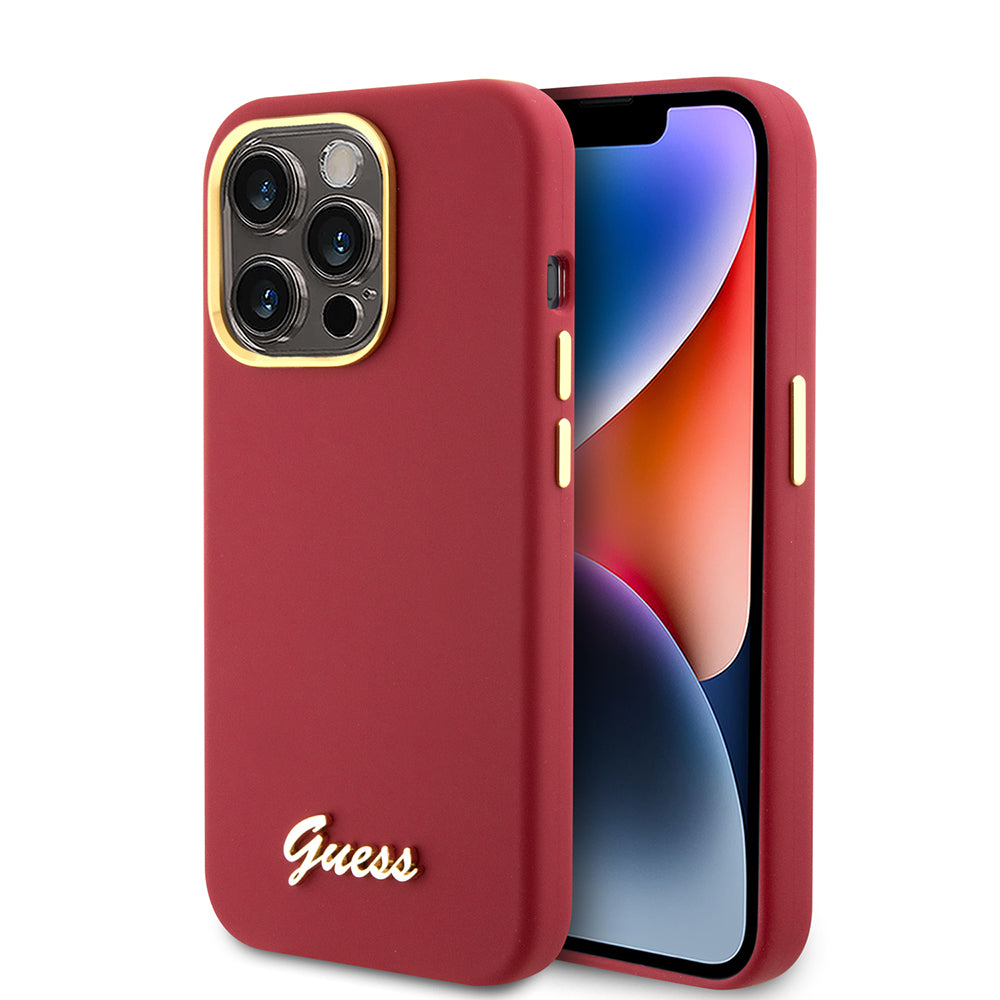 Guess - Silicone Script Metal Logo & Frame (GUHCP15LSMBSLM) - iPhone 15 Pro - Red