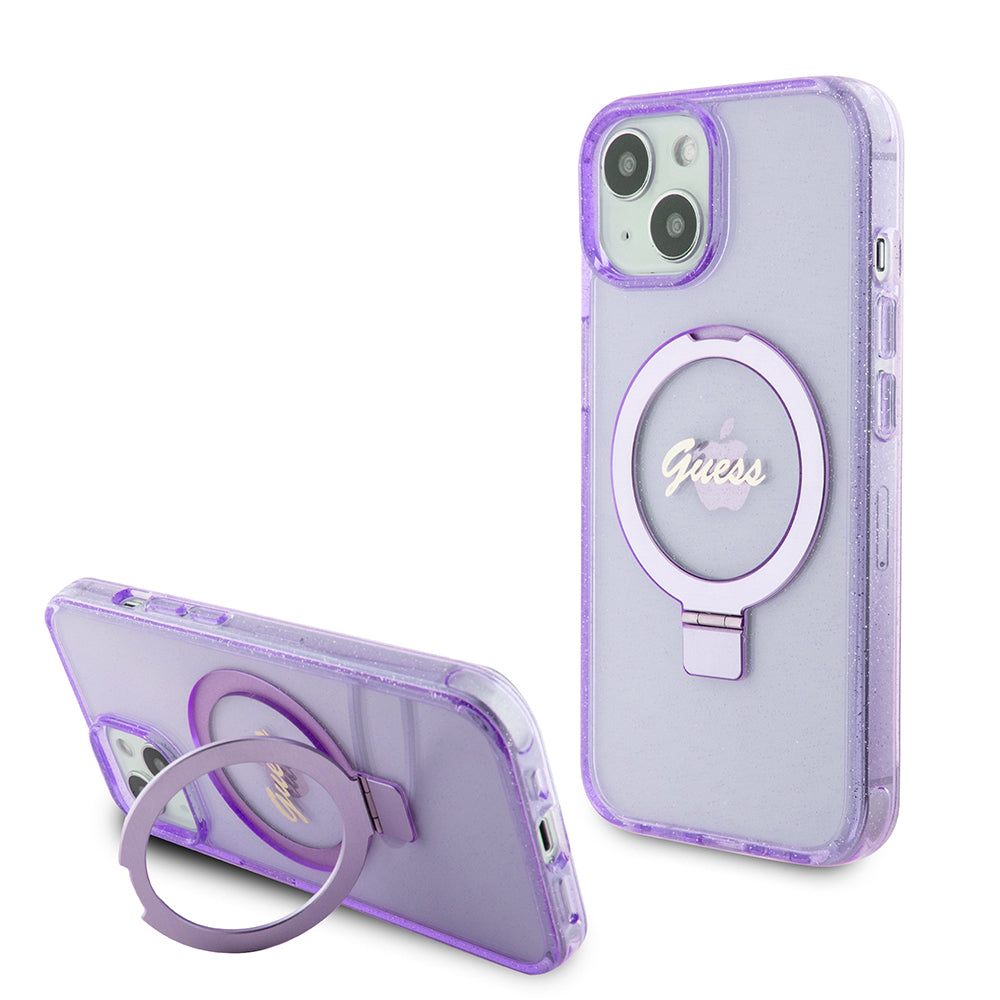 Guess - Ring Stand Script Glitter MagSafe (GUHMP15MHRSGSU) - iPhone 15 Plus - Purple