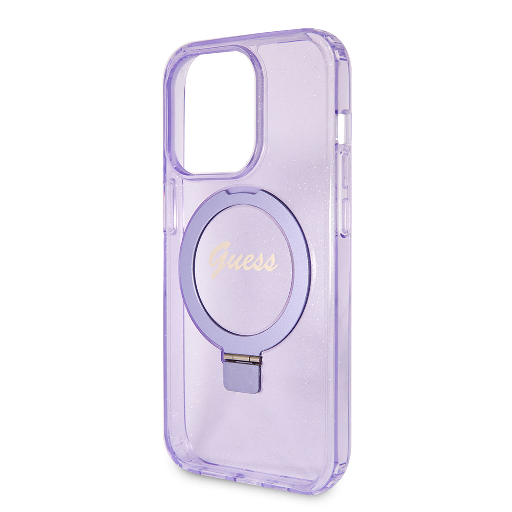 Guess MagSafe Ring Stand Glitter Hard Case Script Logo Θήκη προστασίας από σιλικόνη – iPhone 15 Pro (Διάφανη / Μωβ – GUHMP15LHRSGSU)